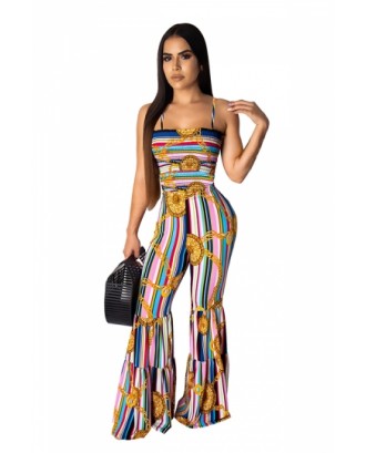 Sexy Sleeveless Tie Shoulder Striped Bell Bottom Jumpsuit Blue