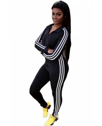 Sports Style Long Sleeve Zipper Striped Side Bodycon Jumpsuit Black
