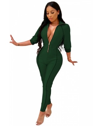 Sexy 3/4 Sleeve Zipper Front Bodycon Jumpsuit Green