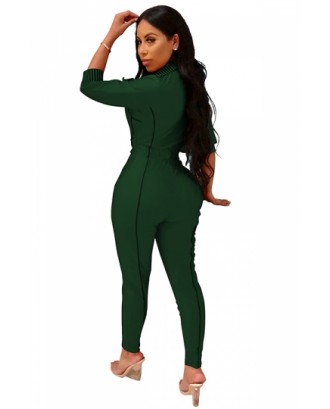 Sexy 3/4 Sleeve Zipper Front Bodycon Jumpsuit Green