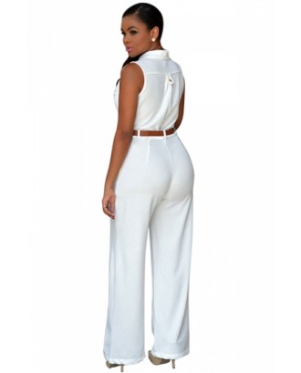 Elegant Sleeveless Belted Wide Leg White Jumpsuits For Women