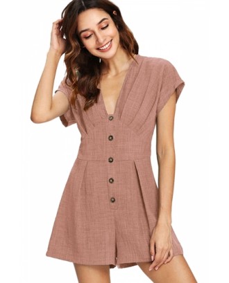 V Neck Short Sleeve Button Front Pleated Romper Pink