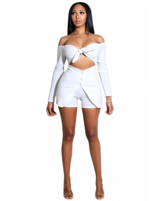 Sexy Off Shoulder Long Sleeve Tie Cut Out Button Bodycon Romper White