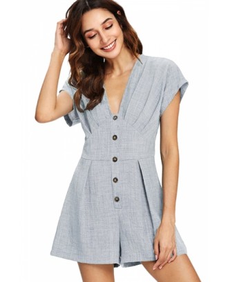 V Neck Short Sleeve Button Front Pleated Romper Blue