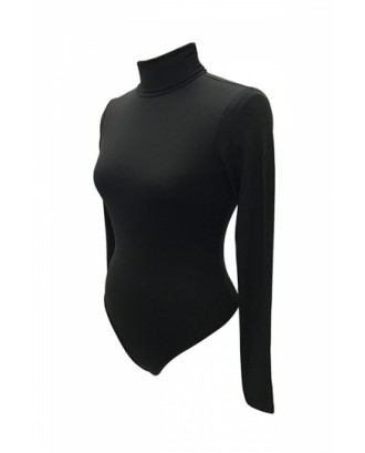 Womens Mock Neck Plain Long Sleeve Slimming Bodysuit Black
