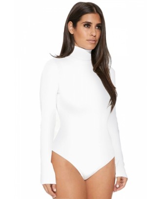Womens Mock Neck Plain Long Sleeve Slimming Bodysuit White