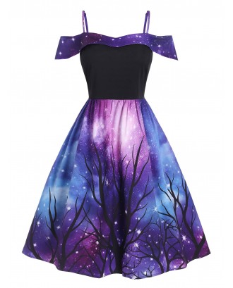 Plus Size 3D Galaxy Tree Print Hanky Hem Dress - Purple 1x