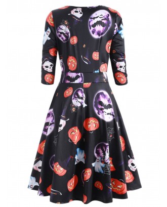 Plus Size Halloween Moon Bat Print V Neck Dress - Black L