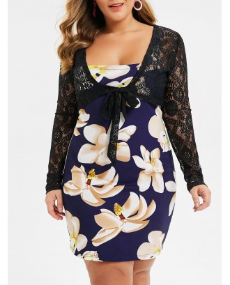 Plus Size Floral Print Dress and Lace Top Set - Black L