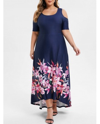 Plus Size Cold Shoulder High Low Floral Print Dress - Midnight Blue L