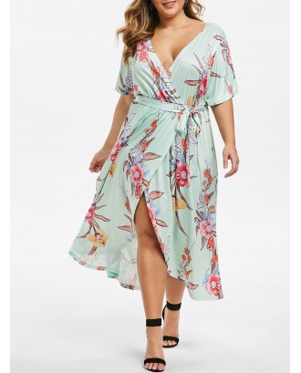 Plus Size Plunging Neckline Floral Print Dress - Multi-a L