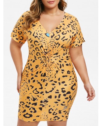 Twist Front Leopard Plus Size Bodycon Dress - Bee Yellow 5x