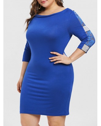 Plus Size Lace Insert Sequined Bodycon Dress - Blue 2x