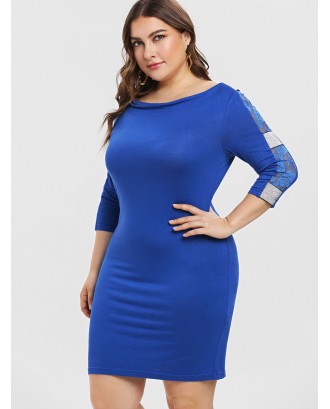Plus Size Lace Insert Sequined Bodycon Dress - Blue 2x
