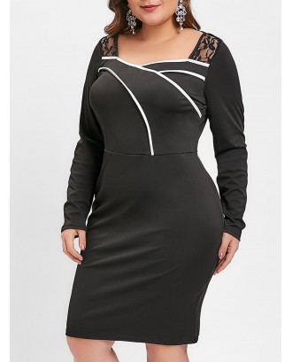 Plus Size Long Sleeve Lace Panel Bodycon Dress - Black L