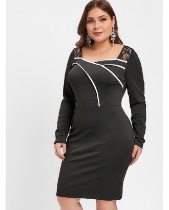 Plus Size Long Sleeve Lace Panel Bodycon Dress - Black L