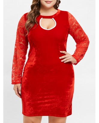 Plus Size Cutout Velvet Bodycon Dress with Lace - Red L