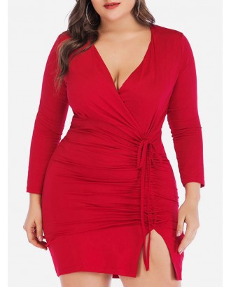 Cinched Slit Long Sleeve Surplice Plus Size Bodycon Dress - Red 1x