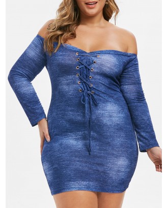 Plus Size Off The Shoulder Lacing Mini Dress - Blueberry Blue L