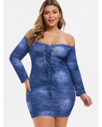 Plus Size Off The Shoulder Lacing Mini Dress - Blueberry Blue L