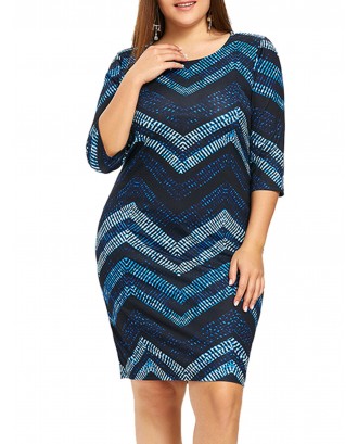 Plus Size Fashion Print Stripe Half Sleeve Dress - Blue Xl
