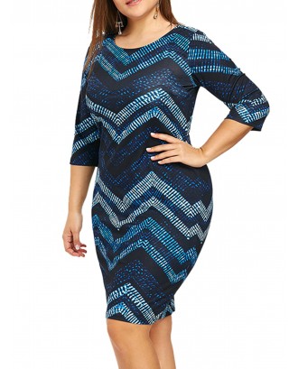 Plus Size Fashion Print Stripe Half Sleeve Dress - Blue Xl