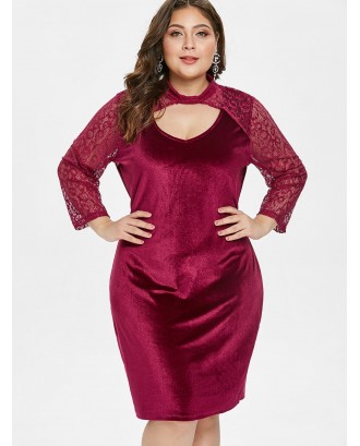 Plus Size Cut Out Velvet Bodycon Dress - Red 5x