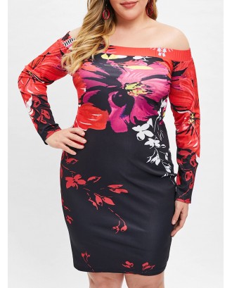 Plus Size Off The Shoulder Floral Print Bodycon Dress -  3x