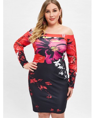 Plus Size Off The Shoulder Floral Print Bodycon Dress -  3x