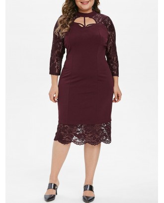 Strappy Cut Out Lace Panel Long Sleeve Plus Size Dress - Red Wine 5x