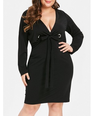 Plus Size Long Sleeves Plunging Surplice Dress - Black 1x