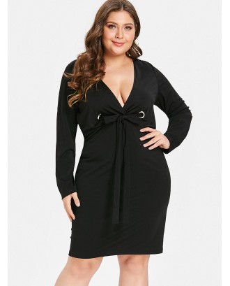 Plus Size Long Sleeves Plunging Surplice Dress - Black 1x