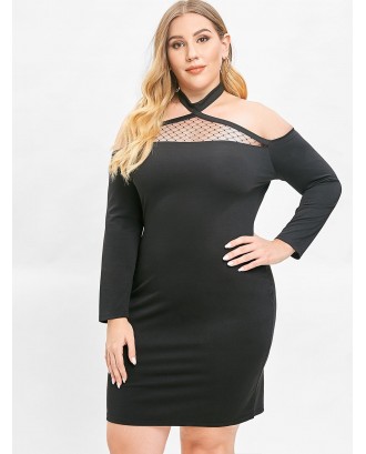 Plus Size Lace Panel Halter Bodycon Dress - Black 2x