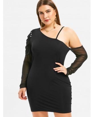 Plus Size One Shoulder Mesh Sleeve Bodycon Dress - Black 1x