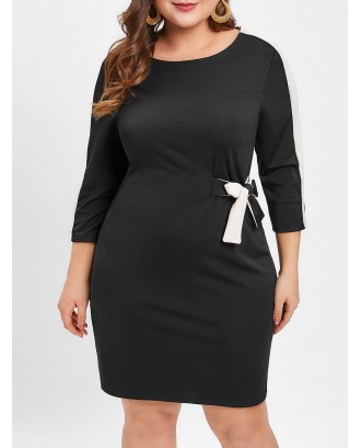 Plus Size Self Tie Contrast Trim Knee Length Dress - Black 5x