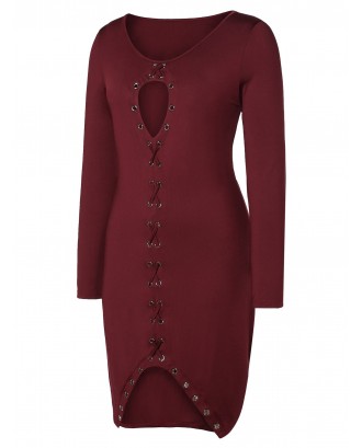Plus Size Keyhole Criss Cross Tulip Bodycon Dress - Red Wine L