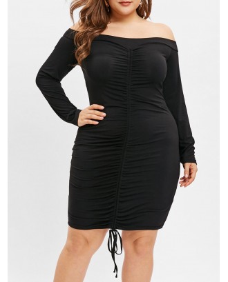 Plus Size Off The Shoulder Drawstring Ruched Dress - Black 2x