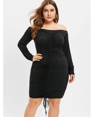 Plus Size Off The Shoulder Drawstring Ruched Dress - Black 2x