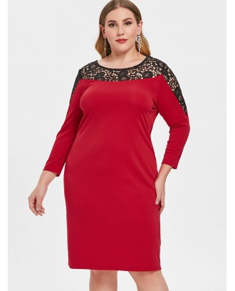 Plus Size Hollow Out Lace Insert Bodycon Dress - Lava Red 1x