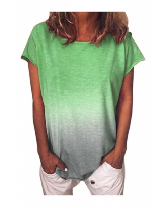 Plus Size Crew Neck Short Sleeve Ombre Loose T-Shirt Green