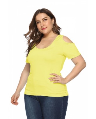 Plus Size Scoop Neck Cold Shoulder Plain T-Shirt Yellow
