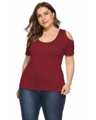 Plus Size Scoop Neck Cold Shoulder Plain T-Shirt Ruby