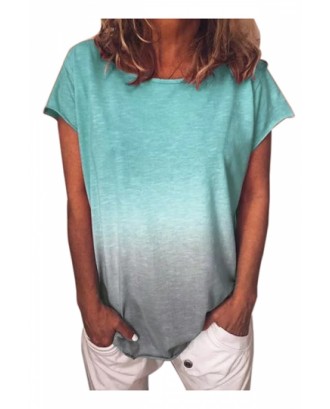 Plus Size Crew Neck Short Sleeve Ombre Loose T-Shirt Turquoise