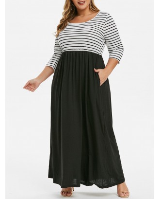 Stripes Panel Seam Pockets Plus Size Maxi Dress - Black 1x