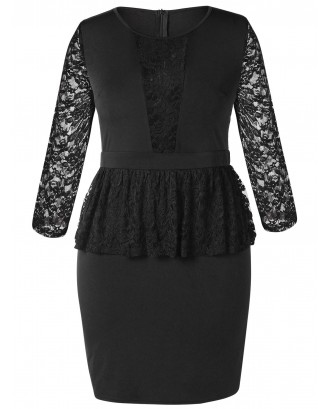 Plus Size Lace Spliced Peplum Dress - Black 1x