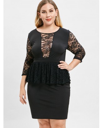 Plus Size Lace Spliced Peplum Dress - Black 1x