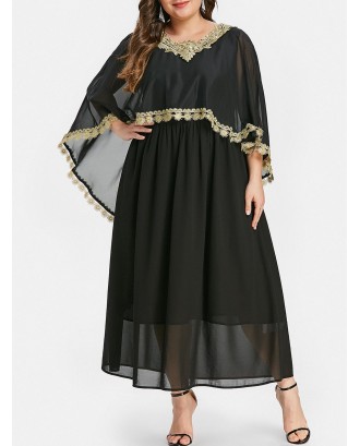 Plus Size Contrast Lace Cape Dress - Black L