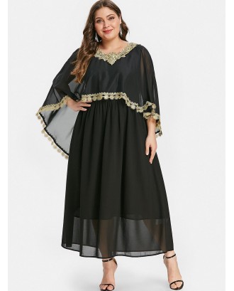 Plus Size Contrast Lace Cape Dress - Black L