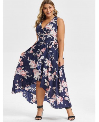 Plus Size Floral Print Sleeveless High Low Maxi Dress - Cadetblue L