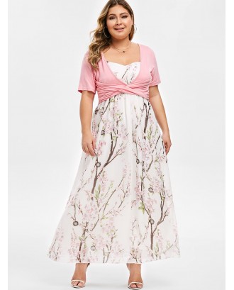 Plus Size Floral Print Maxi Dress With Front Cross Top - Pig Pink 2x